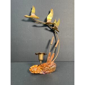 Flying Geese Brass and Copper Wall Sconce Ducks Cattails 70s Vintage Lodge